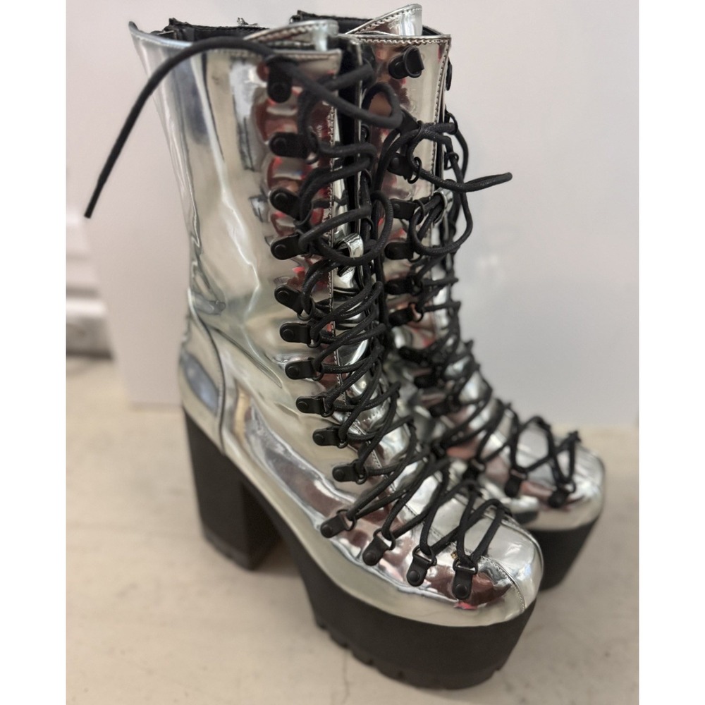 Silver Metallic Platform Combat Boots Womens 10 Lace Up Chunky Heel Cyber Y2K